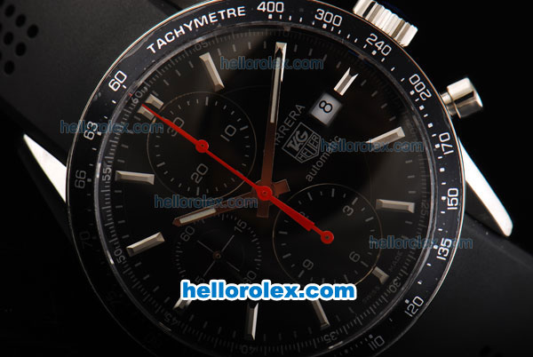 Tag Heuer Carrera Swiss Valjoux 7750 Automatic Movement Black Bezel with Black Dial and Silver Stick Markers - Click Image to Close